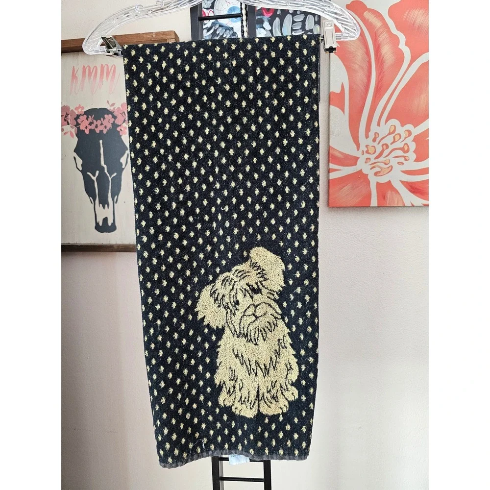 Besana Italy Black Gold Polka Dot Dog Schnauzer Cotton Viscose Bath Towel